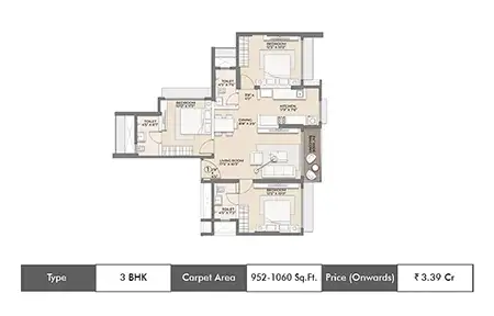 Arkade Vistas 3 BHK floor plan, 952 sq ft carpet area